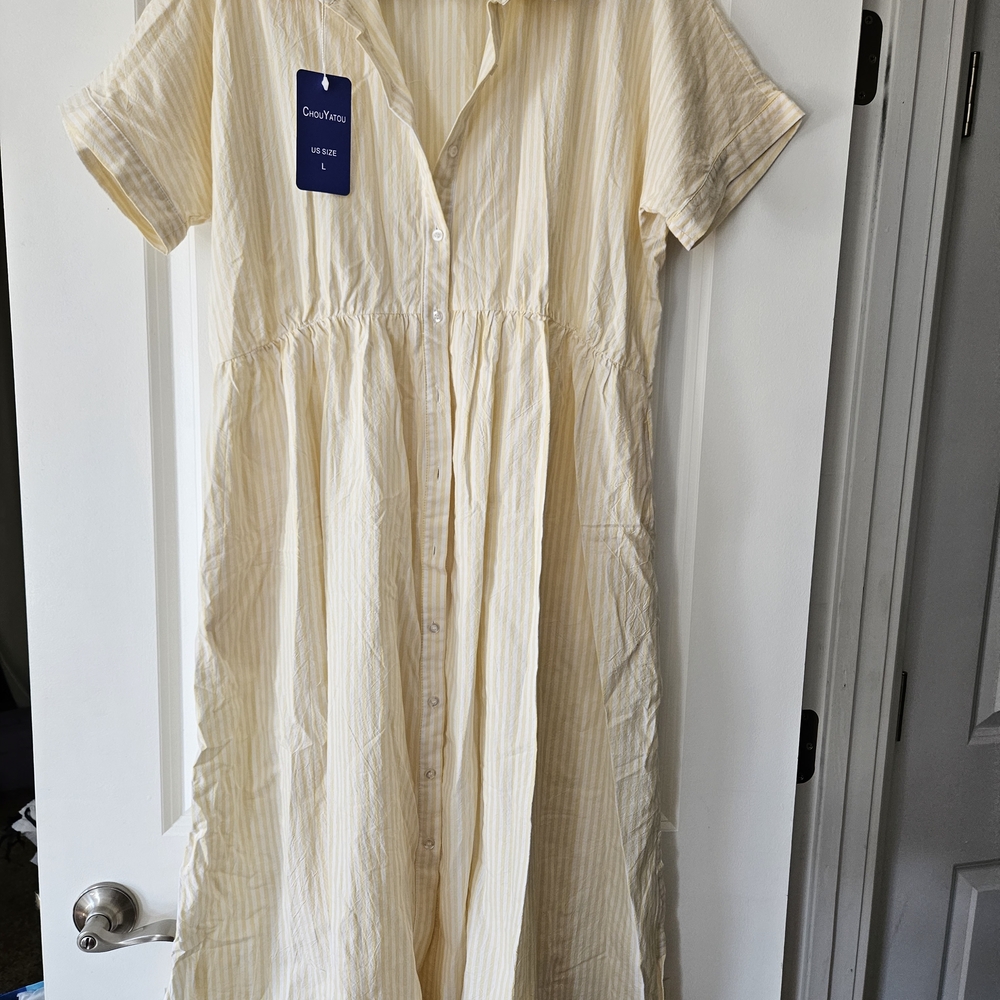 White And Yellow Stripe Button-Front Dress With Pockets